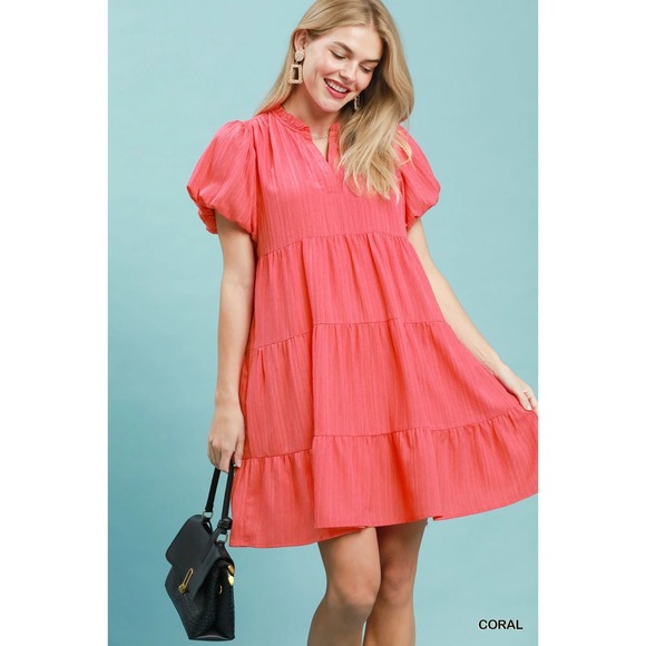 Umgee Dresses & Skirts - Umgee Puff Sleeve Tiered Babydoll Dress - Coral - Small